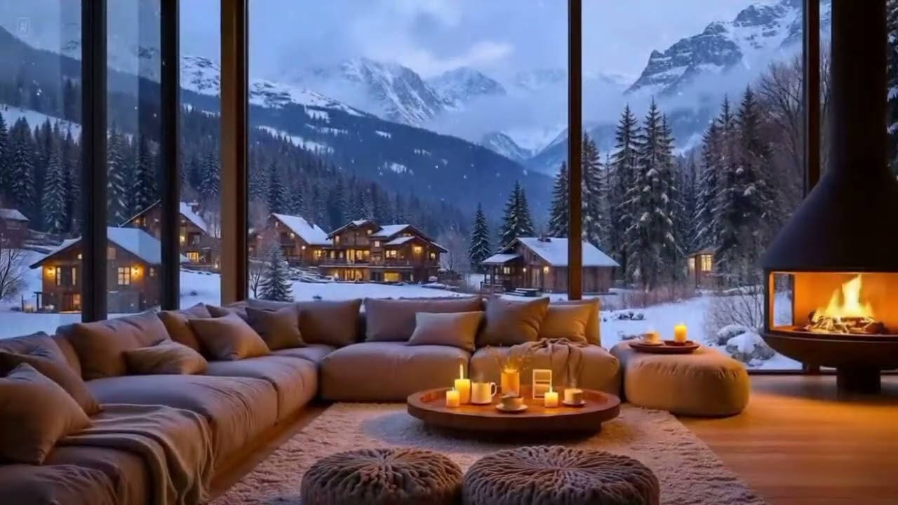 Cozy Winter Cabin Ambience ❄️ Warm Piano Jazz Music & Crackling Fireplace to Relax, Study, Work