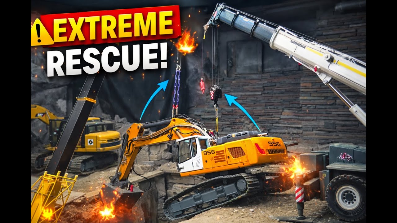 EXTREME RC Rescue Mission with POWERFUL Cranes Saving a Stuck Excavator!