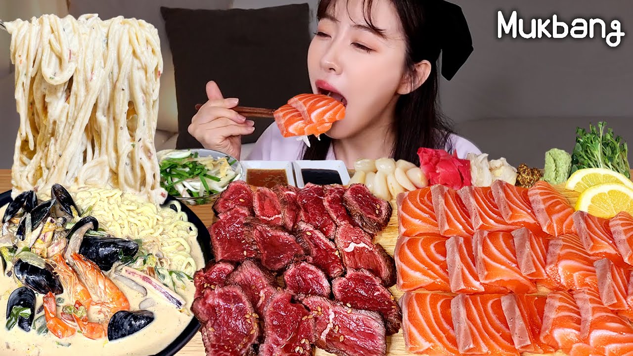 Сашми, говядины, острые морепродукты макароны Jjamppong  Raw salmon, beef, cream noodle REAL MUKBANG