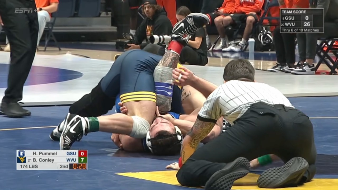 174lbs Brody Conley (West Virginia) fall Hayden Pummel (Glenville State)