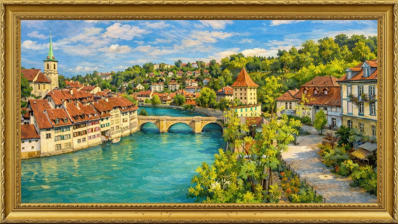 Charming Riverside Town | Peaceful European Scenery | 4K Framed TV Art Screensaver
