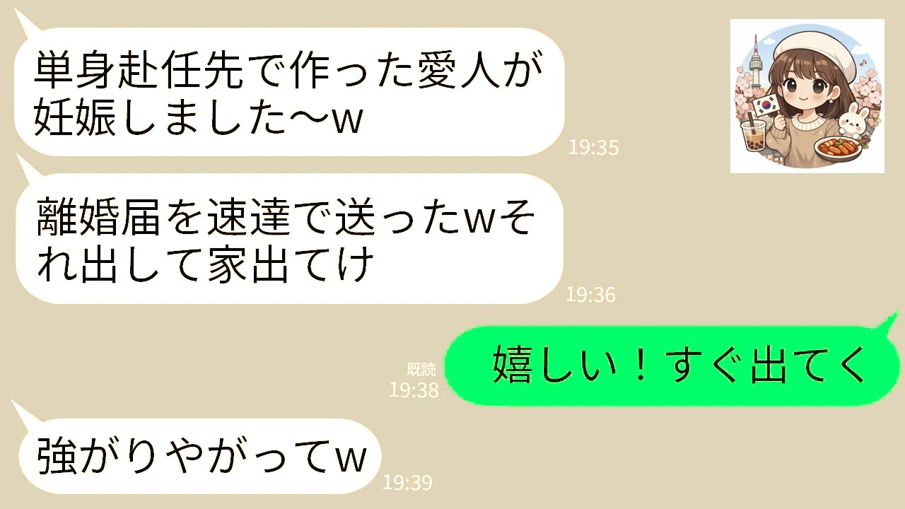 【LINE】単身赴任中の夫から速達で離婚届が届いた…。夫「愛人が妊娠したから別れてw」息子と私「やったあ！」→速攻で離婚届出して家族全員で出ていった結果www