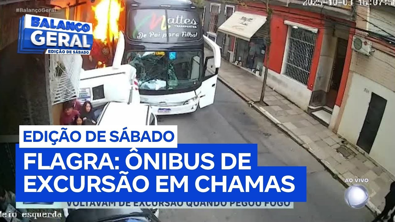 Ônibus com estudantes pega fogo após colidir com cabos de energia em Porto Alegre (RS)