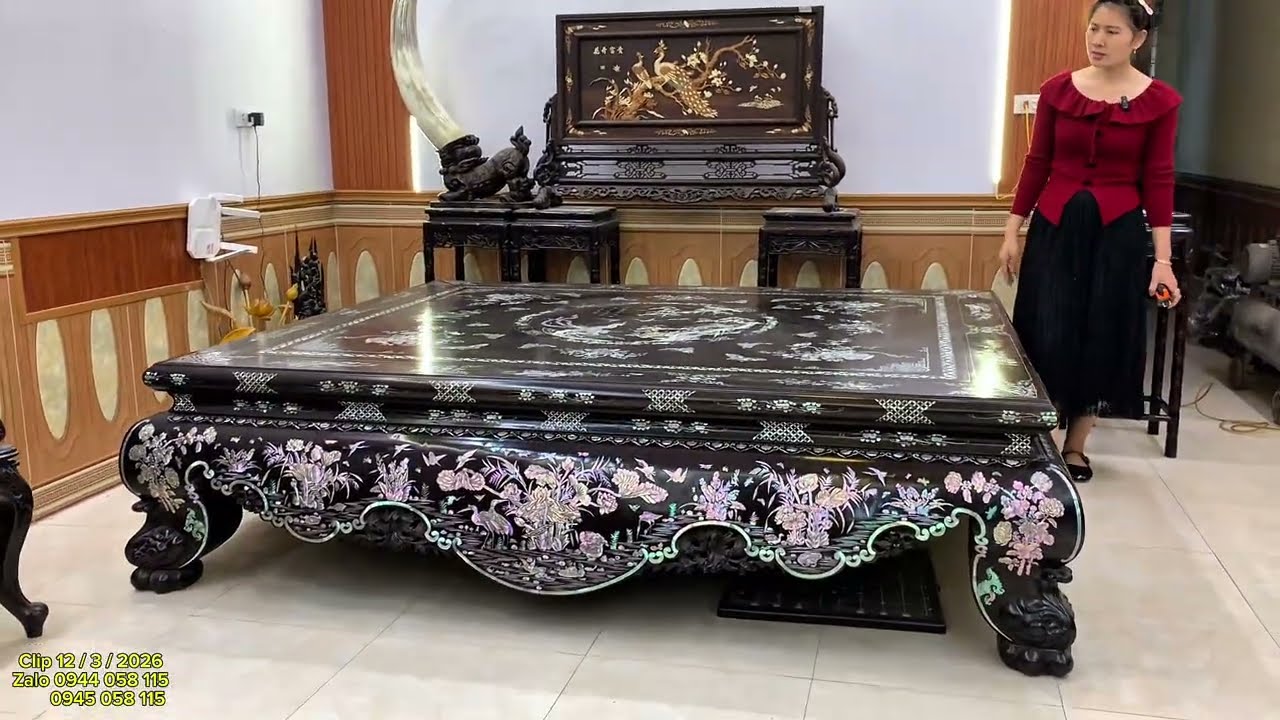 sập liên chi cẩn ốc,tranh tùng hạc,bình phong trắc khảm nổi,đôn rồng,cặp đèn tipani,đôn trắc,tượng..