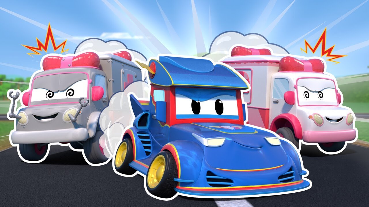 Oh, Amber y Robot AMBULANCIA se vuelven locas, Super CAMION de CARRERAS al rescate - Auto de Rescate