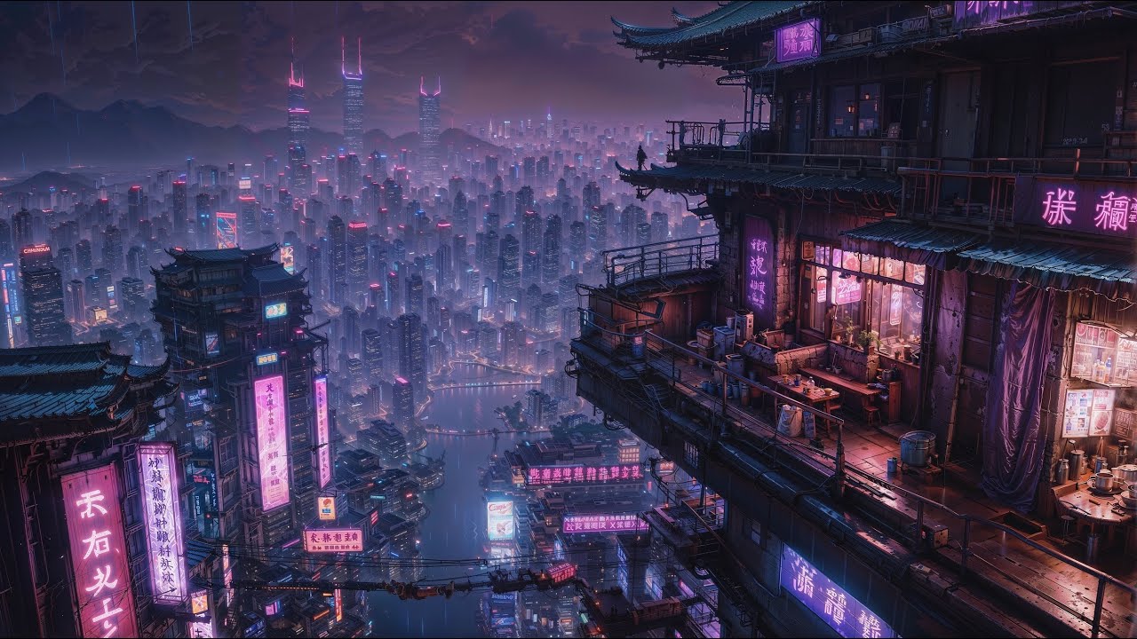 Rainy Cyberpunk City View from Balcony | Calm Chinese Night Ambience