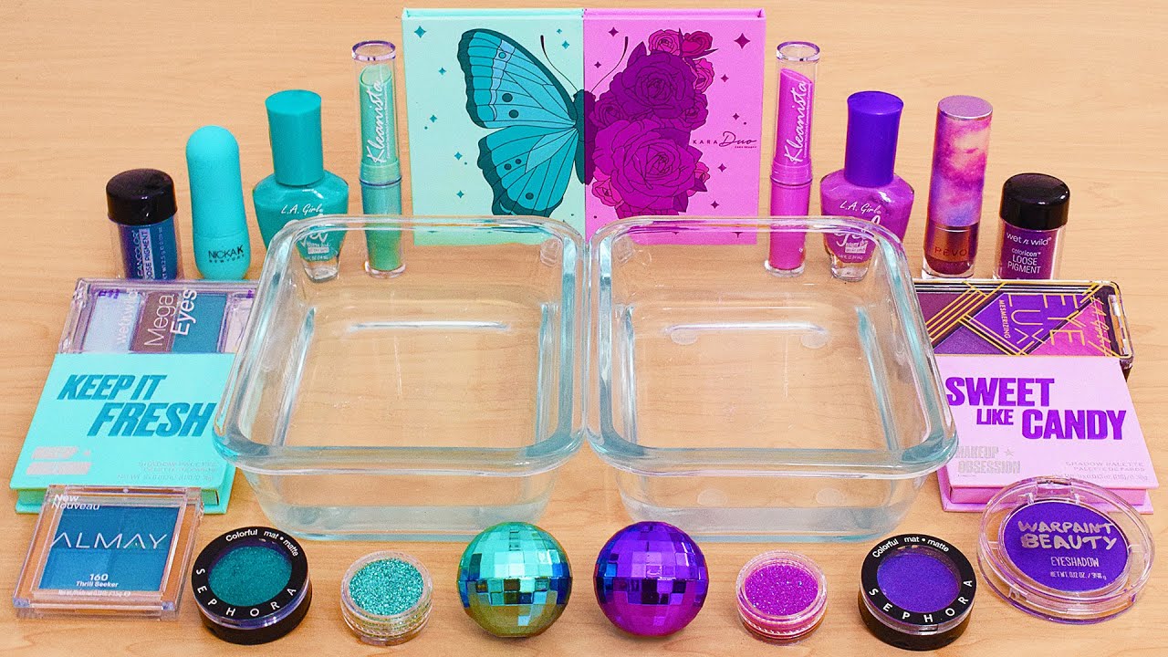 Purple vs Teal - Coloring Slime ASMR with Eyeshadow and Makeup