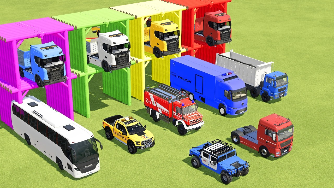 TRANSPORTING FIRE TRUCK, POLICE CARS, DUMP TRUCK, BOX TRUCK, SCANIA BUS , MAN TRUCK -  FS22