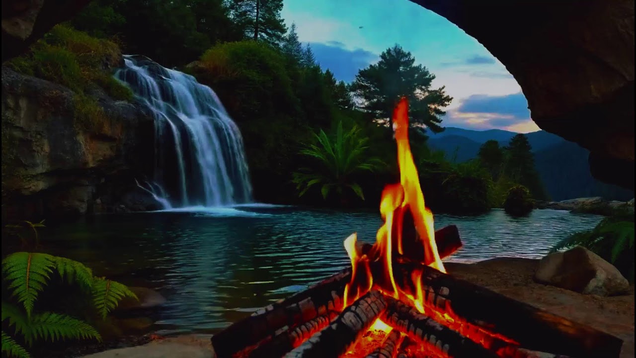 Peaceful Fireplace &  Waterfall Ambience with Morning Birds | Cozy Hearth ASMR | Relaxing Focus
