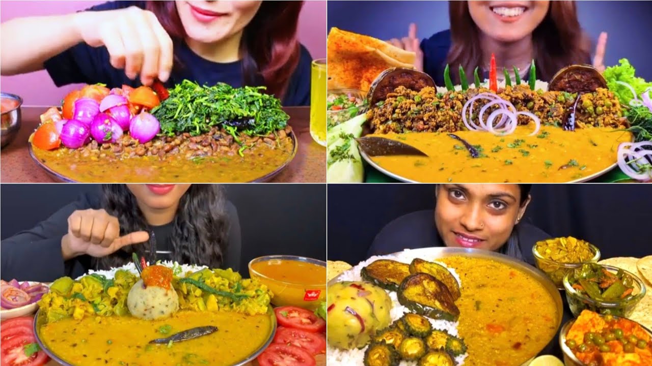 Asmr Eating 🔥 Dal Chawal Brinjal Fry Karela Fry Saag Fry Aloo Gobi Fry Salad 🥗😋 (ডাল ভাত)Eating Show