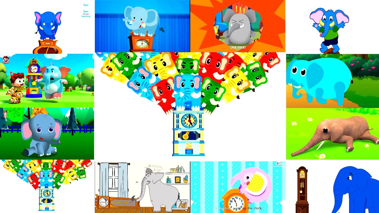 HICKORY DICKORY DOCK || A 100 ELEPHANT IN 1 BIG SCREEN || CLOCK CRASHER PARTY || EFFECT TUTORIAL