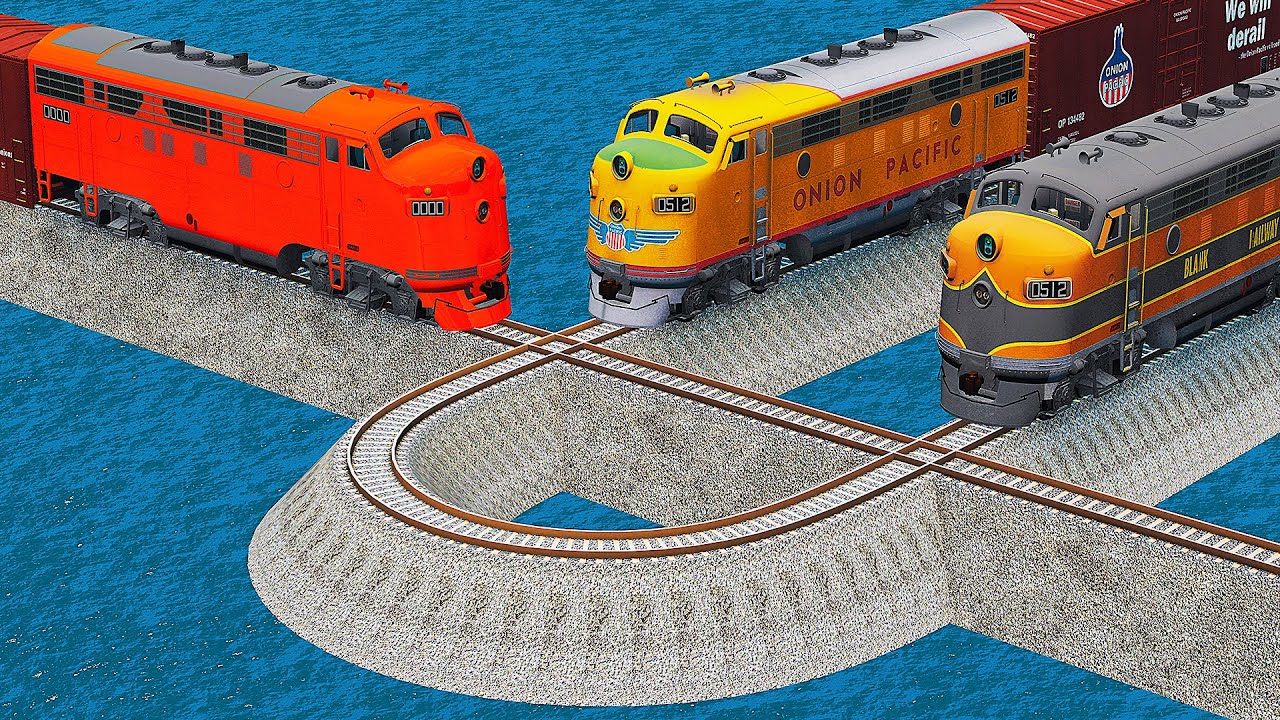 Orange Train vs Double Train vs Crazy U Shape Rail Crossing Deepwater - BeamNG.Drive