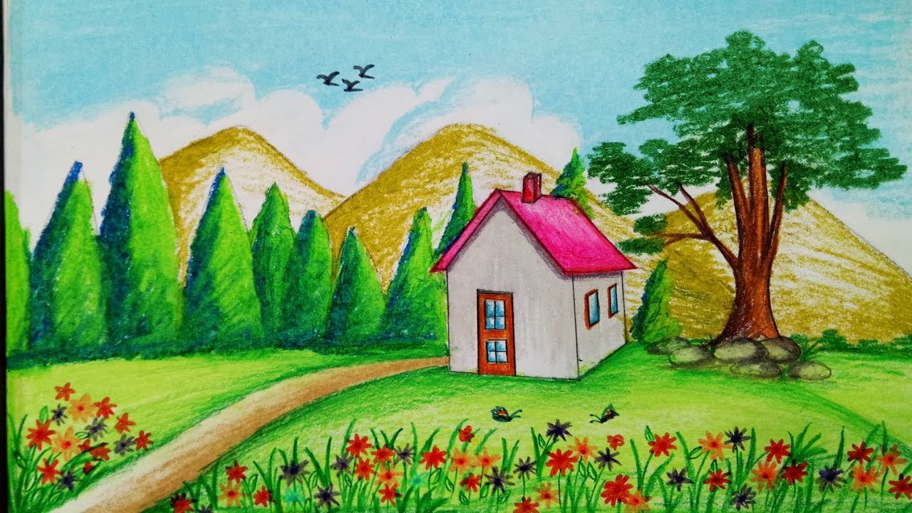 How to draw Spring season scenery with oil pastel.Step by step(easy draw)