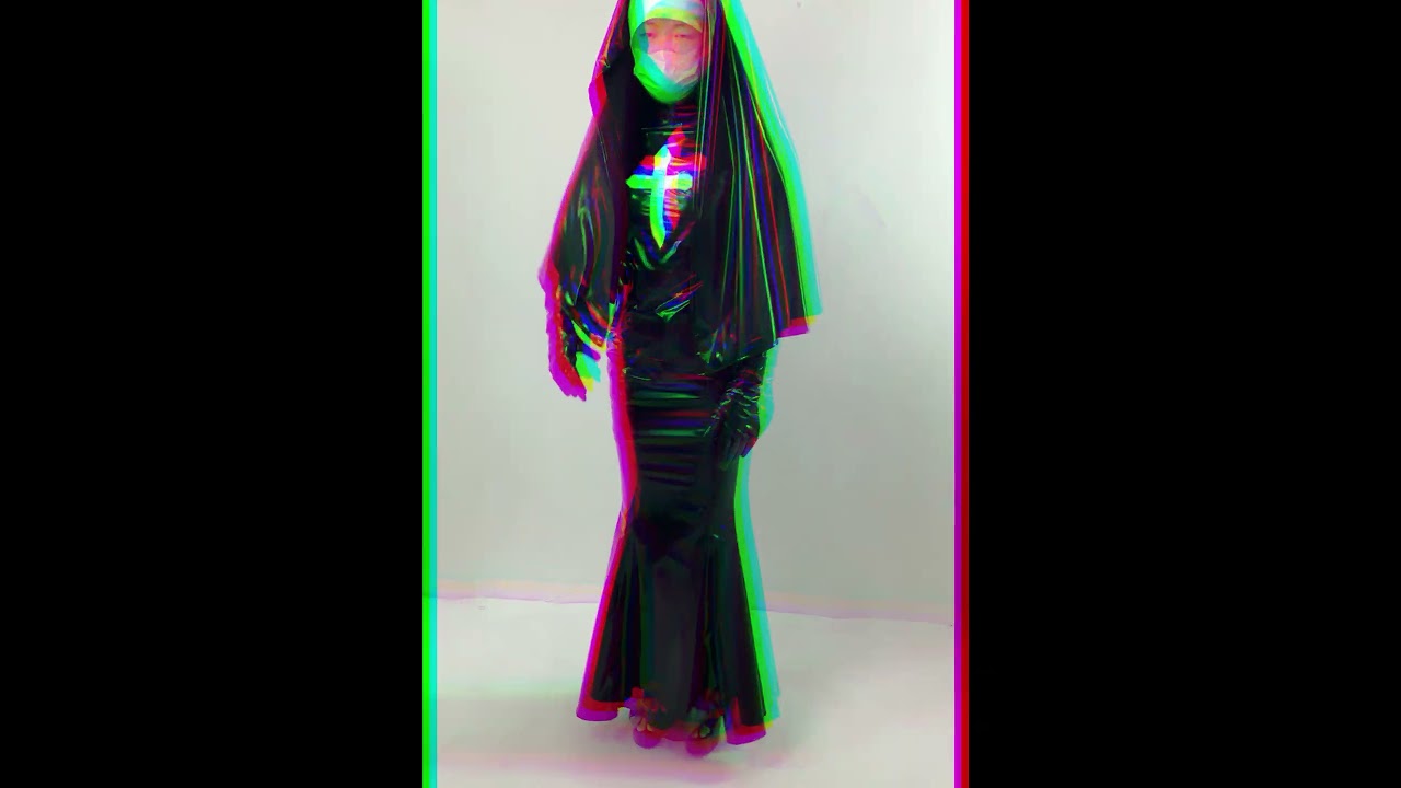 Nun Long Mermaid Dress Wet PVC Leather Bodycon Dress with Gloves Headgear Nun Dress Uniforms