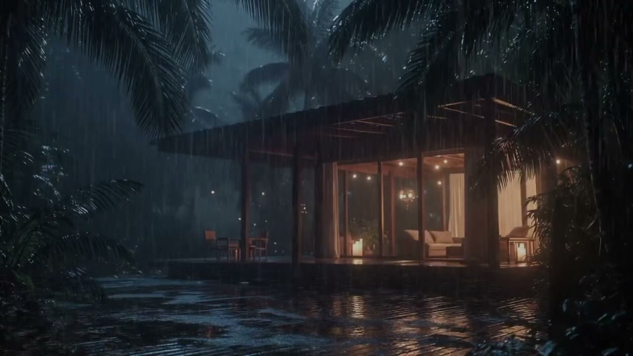Tropical Rainstorm Night 🌧️ Cabin Ambience for Sleep, Study & Anxiety Relief