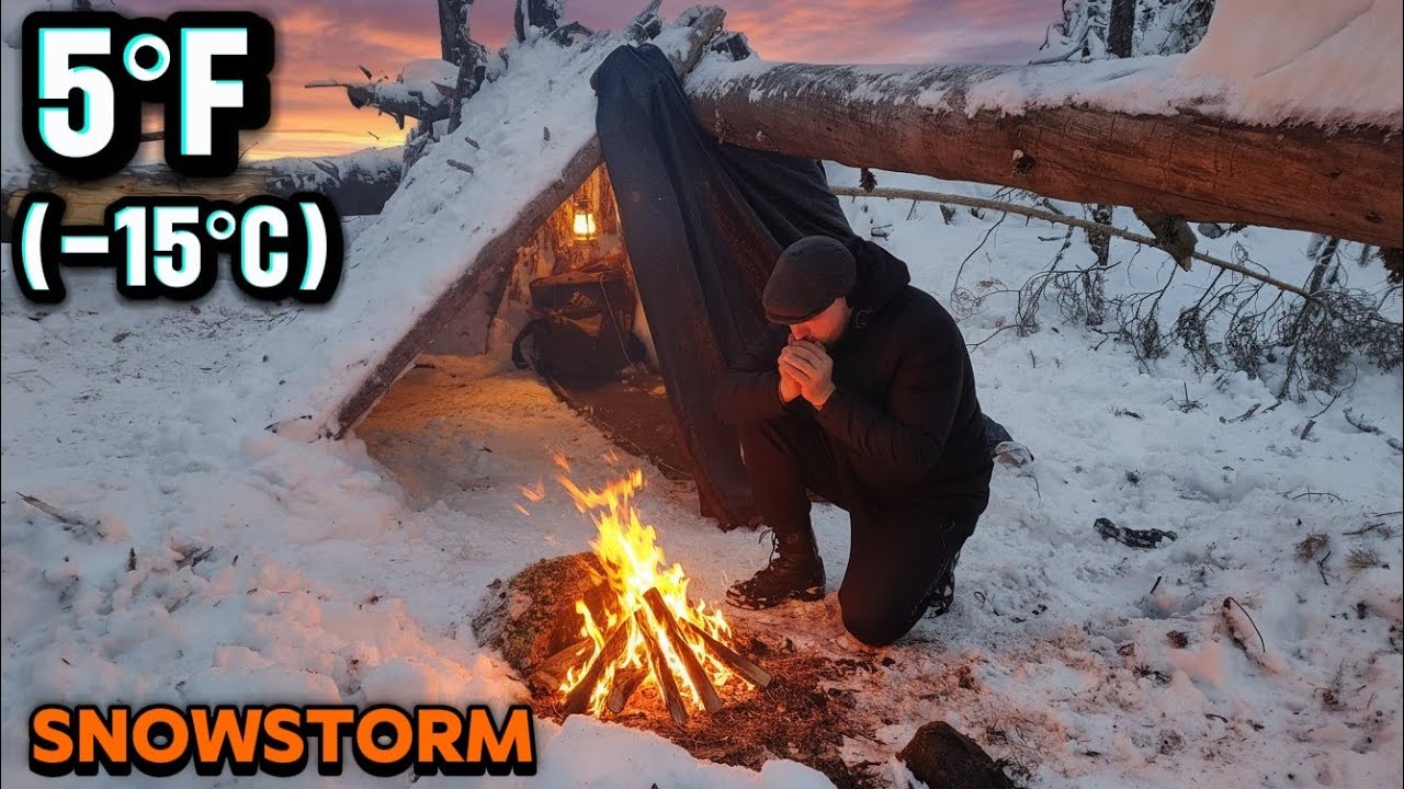 Caught in 5°F (-15°C) Snowstorm: Emergency Shelter Build