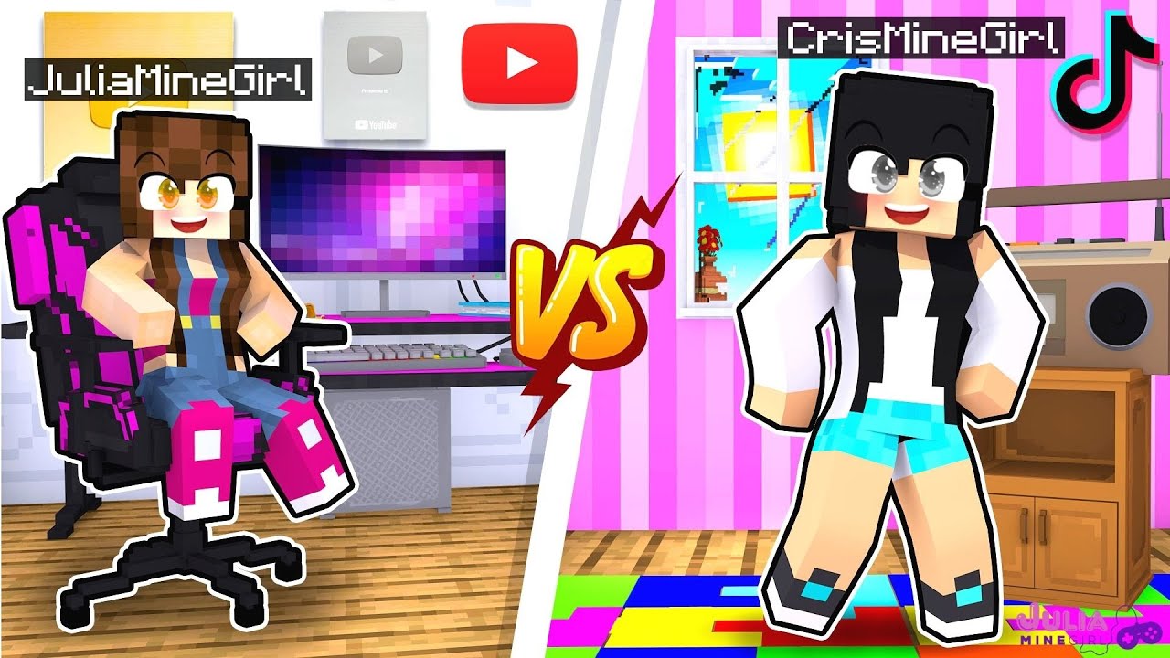 Minecraft - Quarto Youtube vs Quarto TikTok (Desafios Minegirl)