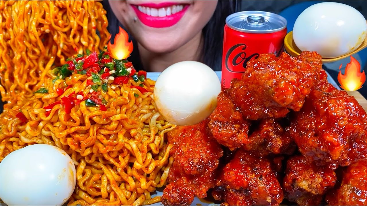 ASMR SPICY CHICKEN WINGS, SPICY NOODLES, BOILED EGGS MUKBANG MASSIVE Eating Sounds