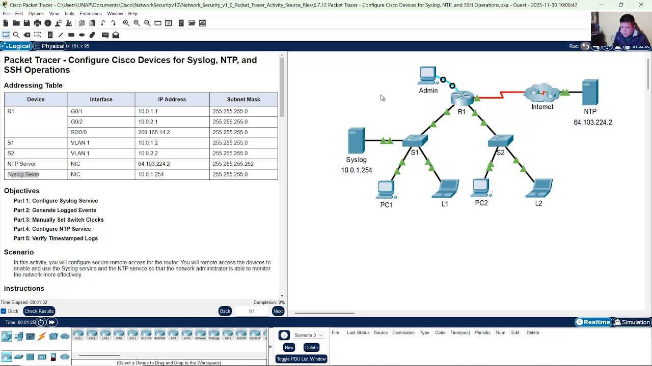 6.7.12 Packet Tracer &mdash; настройка устройств Cisco для операций Syslog, NTP и SSH