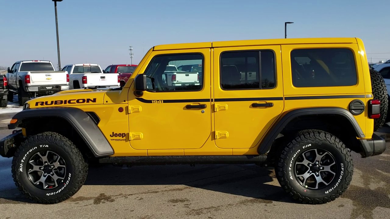 Jeep Wrangler 2019 года, желтый (Hellaella Yellow), 4-дверный, Rubicon, обзор, 9J241