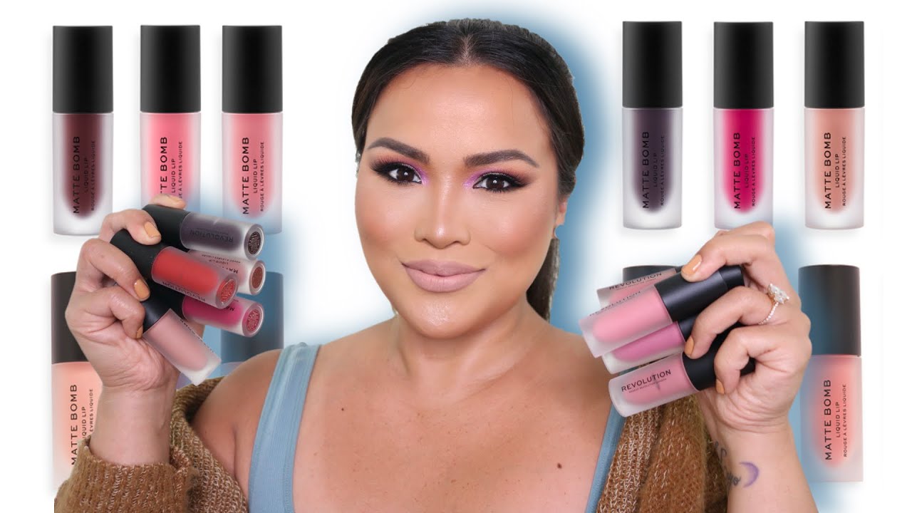 12 Liquid Lipsticks Under 5 mins | MAKEUP REVOLUTION MATTE BOMB | LIP SWATCHES