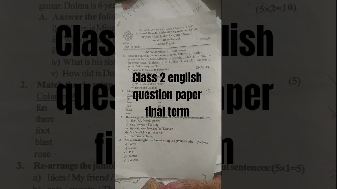 class 2 english question paper model question paper of english class 2 @Questionpapersheet