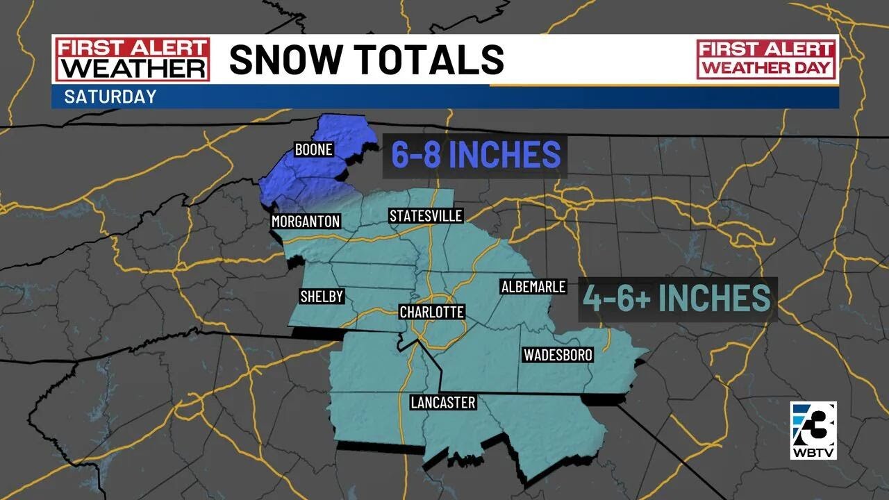 Here&rsquo;s an updated look at how much snow could accumulate across the Charlotte region this weekend