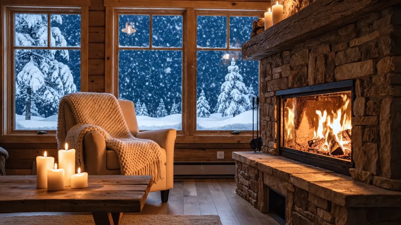Peaceful Snowfall & Fireplace Ambience | Cozy Winter Night
