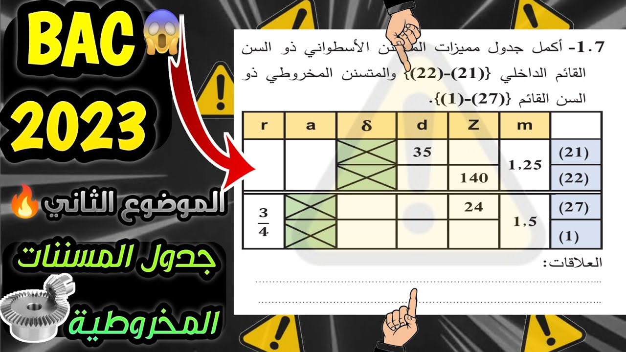 حل بكالوريا 2023 الموضوع الثاني جدول مميزات المسننات المخروطية