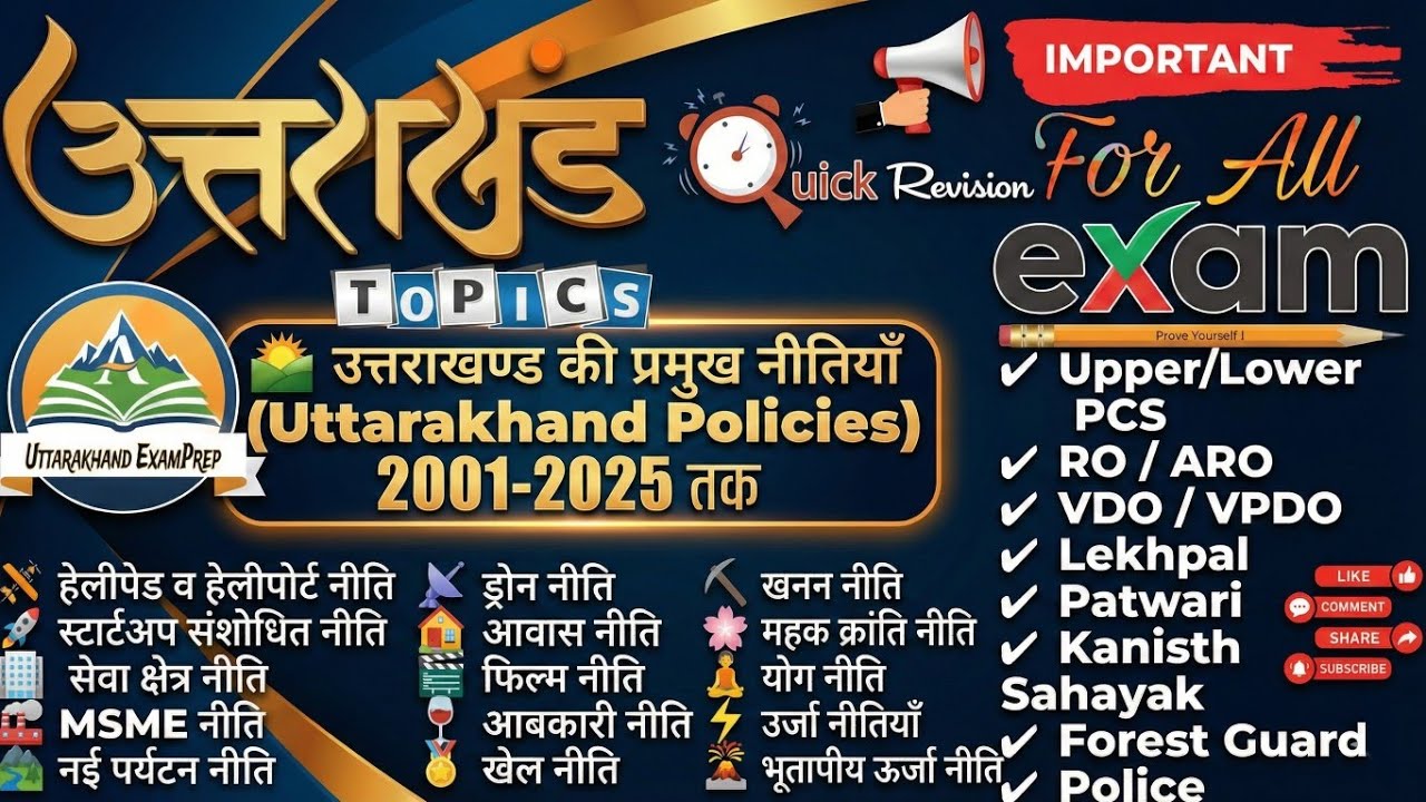 📘 उत्तराखण्ड की प्रमुख नीतियाँ | Policy 2001- 2025 तक Update #uksssc #ukpsc #uttarakhandgk