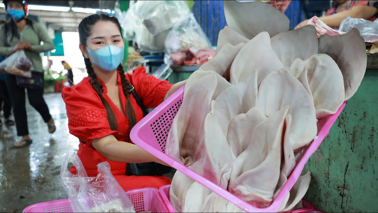 Kampong Som market show, Buy pig's ears for local pig's ears pickle / Spicy pig's ears recipe