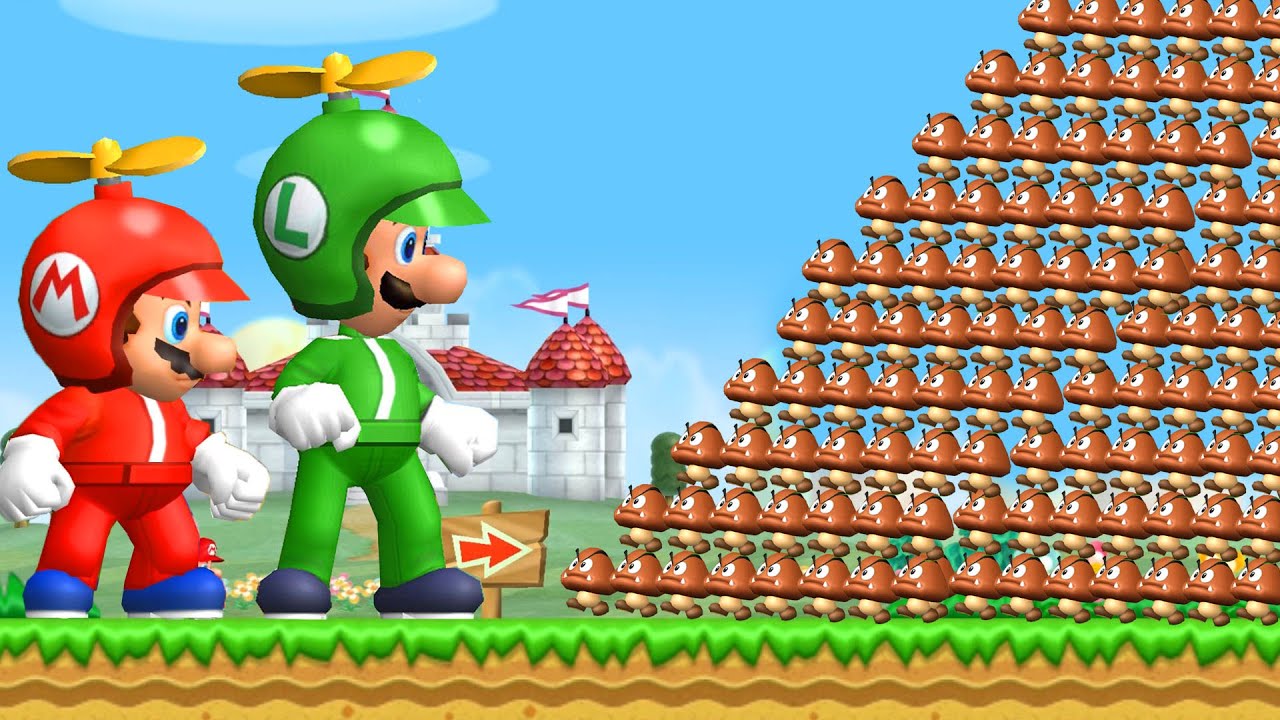 What happens if Giant Mario Bros. fight 9999x Goombas in World 1 - 1