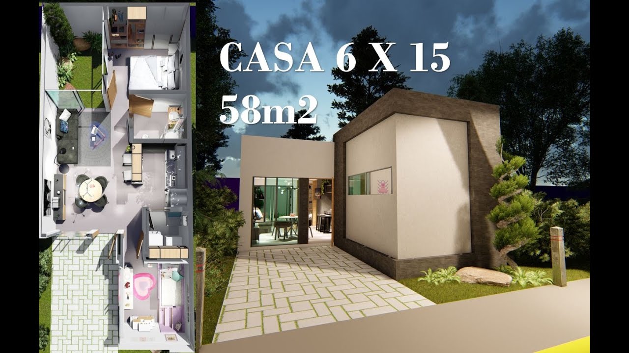 PLANO CASA 6 x 15 !!! de 1 NIVEL! RECORRIDO VIRTUAL CASA HABITACIONAL UN NIVEL 58m2 DE CONSTRUCCIÓN