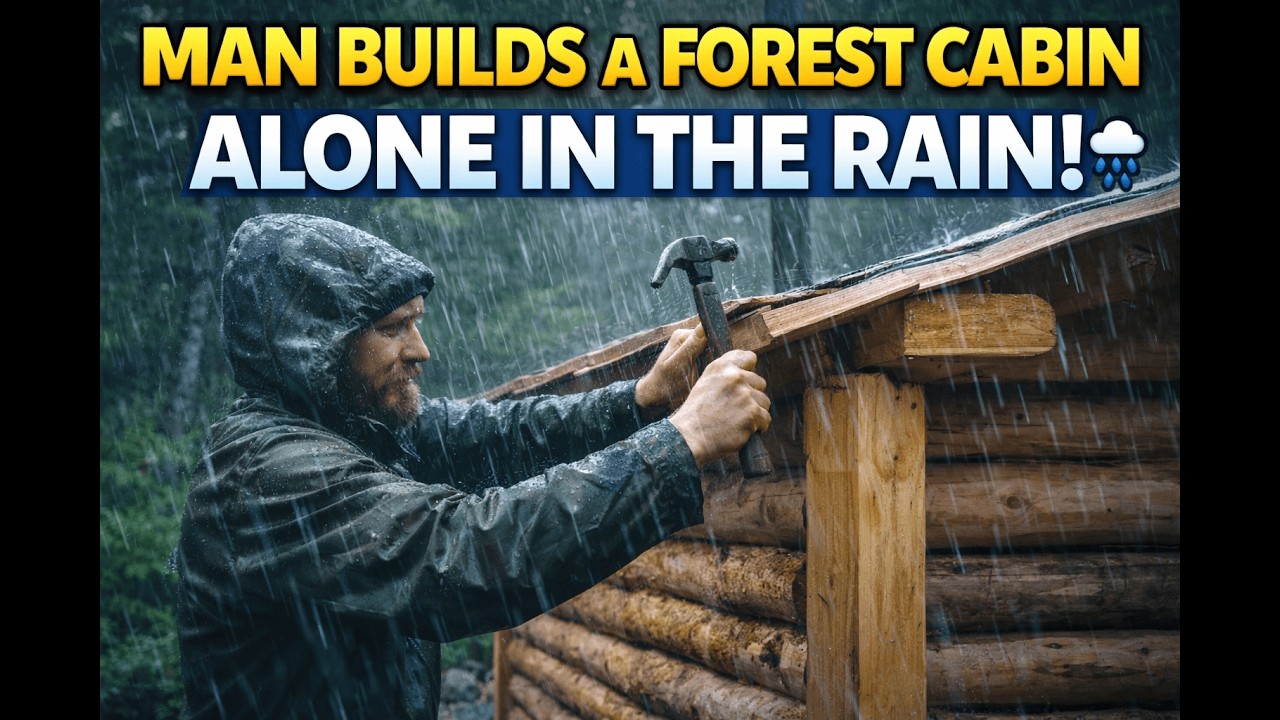 Man Builds a Forest Cabin Alone in the Rain 🌧️🌲 | Start to Finish #ForestCabin #SurvivalBuild