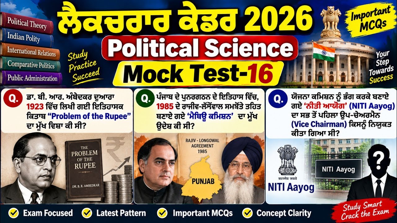 Political Science Lecturer Cadre  | Mock Test-16 | Important MCQs 