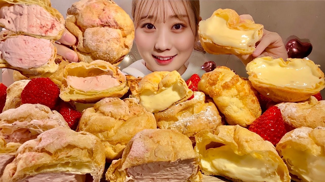 ASMR шу заварной крем и клубничный крем【русские субтитры】【Mukbang/ Eating Sounds】