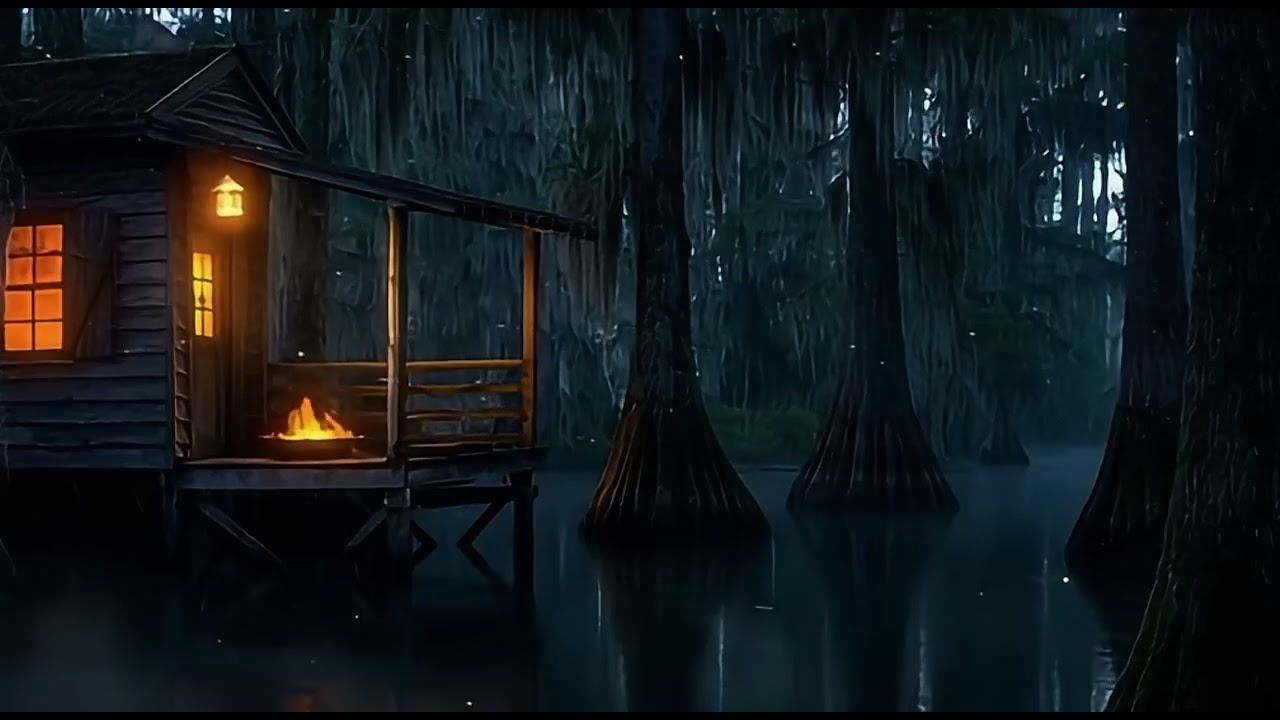 Swamp Fire Pit Under Rolling Thunder 🔥🌧️🐸 | Louisiana Bayou Night Ambience (4 Hours)