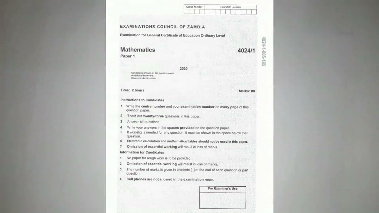 2020 GCE mathematics paper 1 (question 1-10)