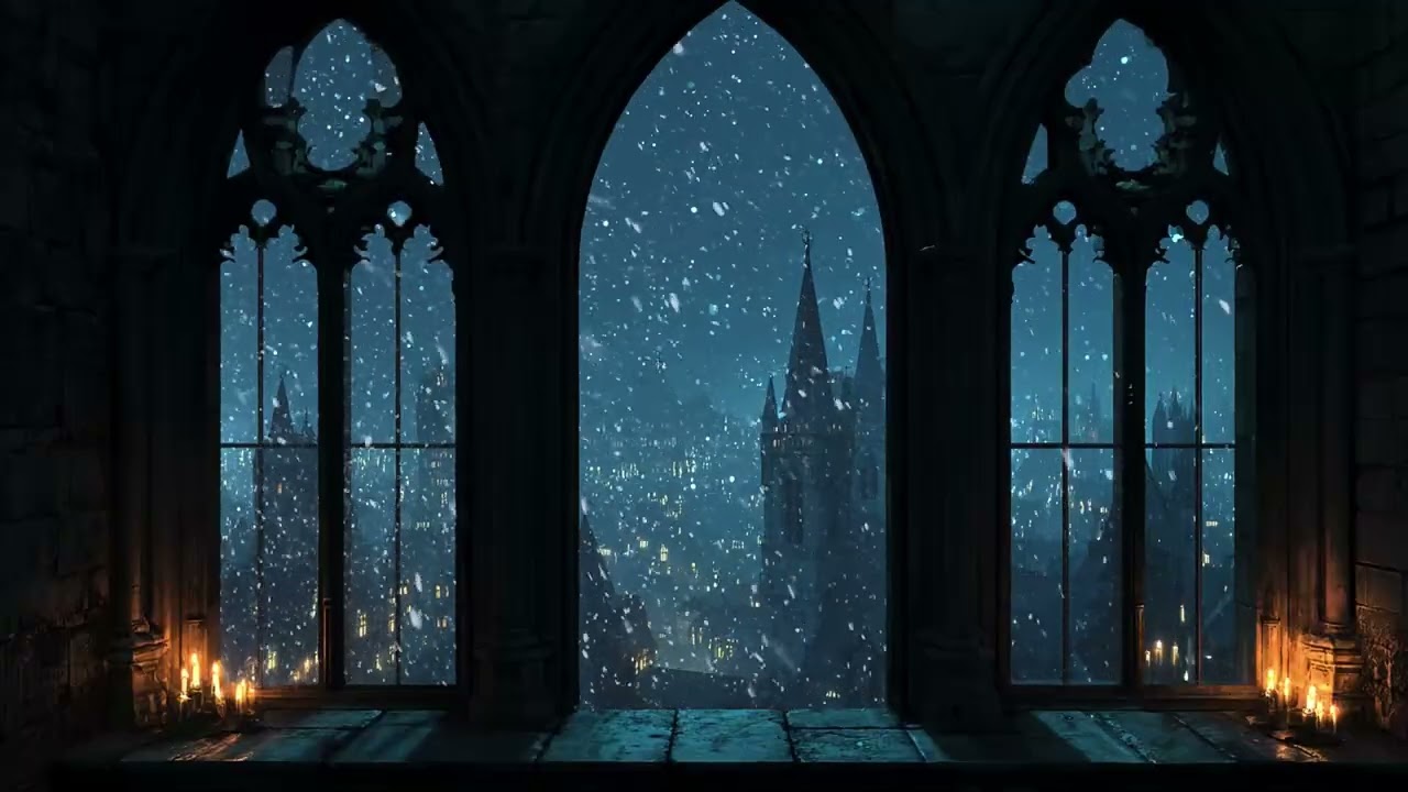 4K Harry Potter Winter Hall View – Snowfall Ambience & Quiet Wind for Calm Focus
