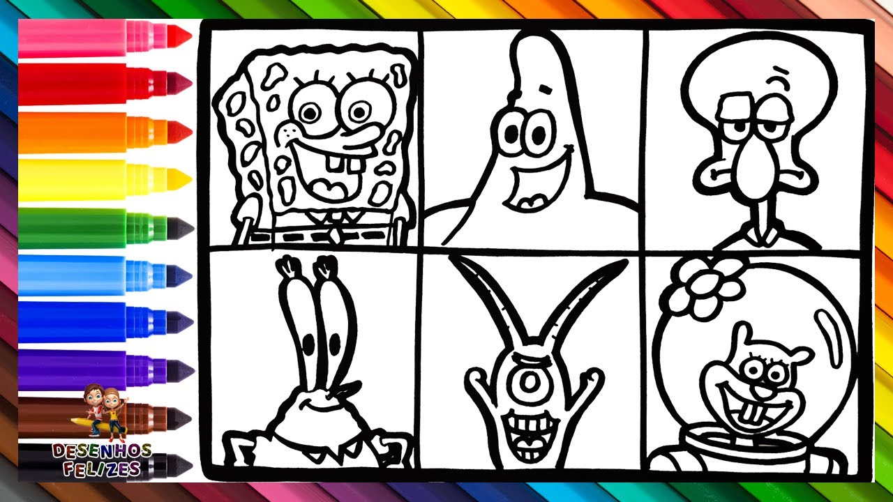 Desenhar e Colorir os Personagens do Bob Esponja Calça Quadrada 🧽🐙🦀🍔🐿️🦑👾🌊 Desenhos para Crianças