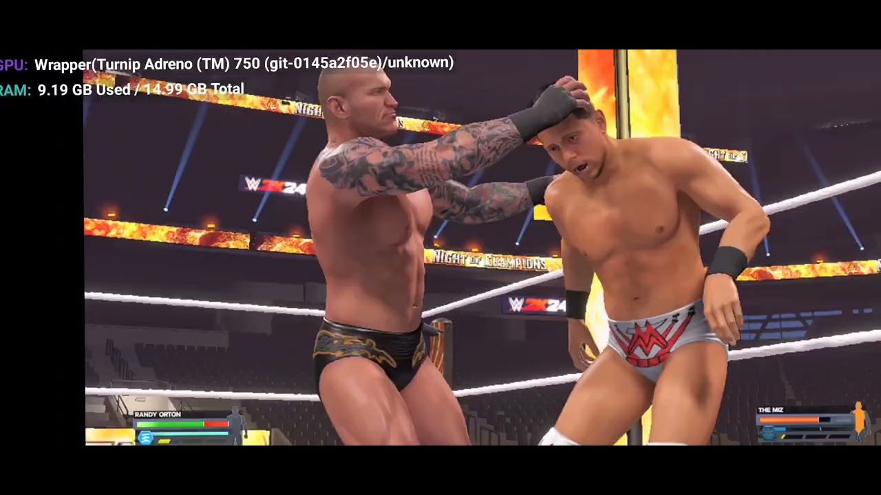 Finally winlator ludachi 2.8.1 do it WWe 2k24 high graphics 45_50 fps Randy Orton vs The Miz