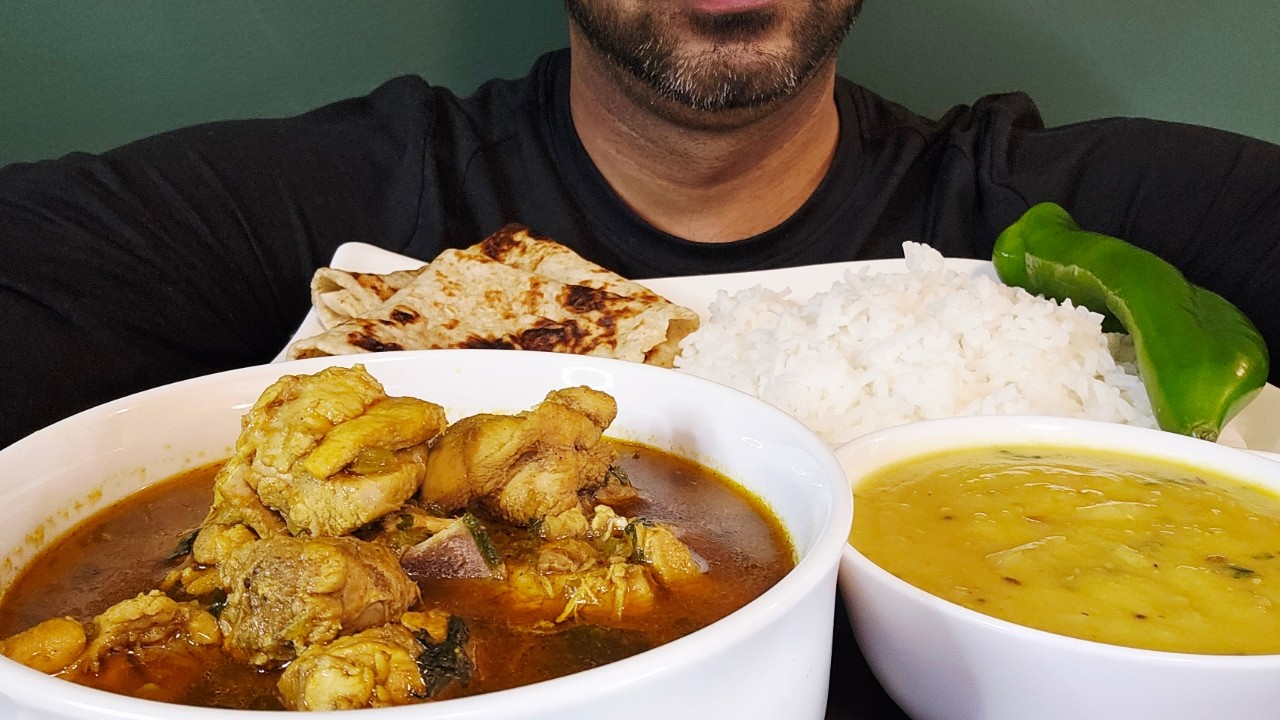 ASMR MUKBANG! Indulging Spicy Chicken Curry, Rice,Dhal Fry & Roti Delicacies!