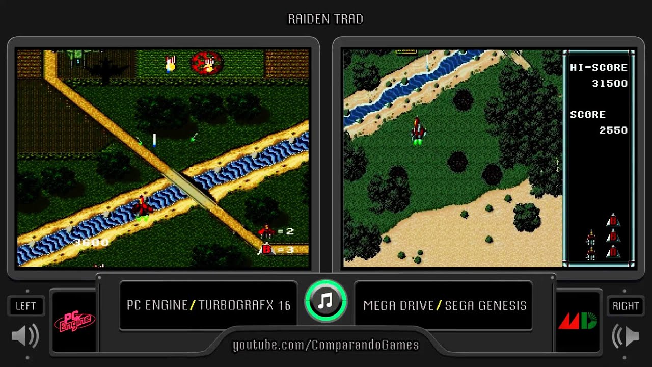 Raiden (PC Engine vs Mega Drive) Side by Side Comparison (TurboGrafx 16 vs Sega Genesis)