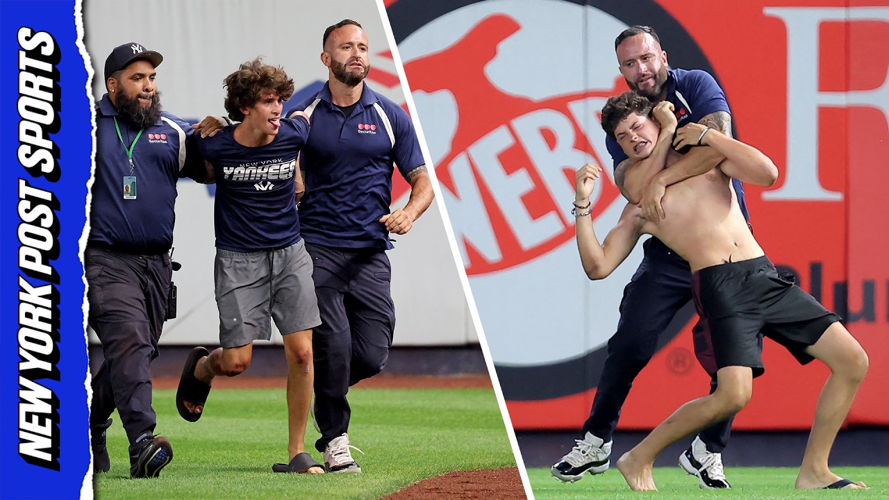 Three fans get tackled by security after storming field at Yankees game in wild scene