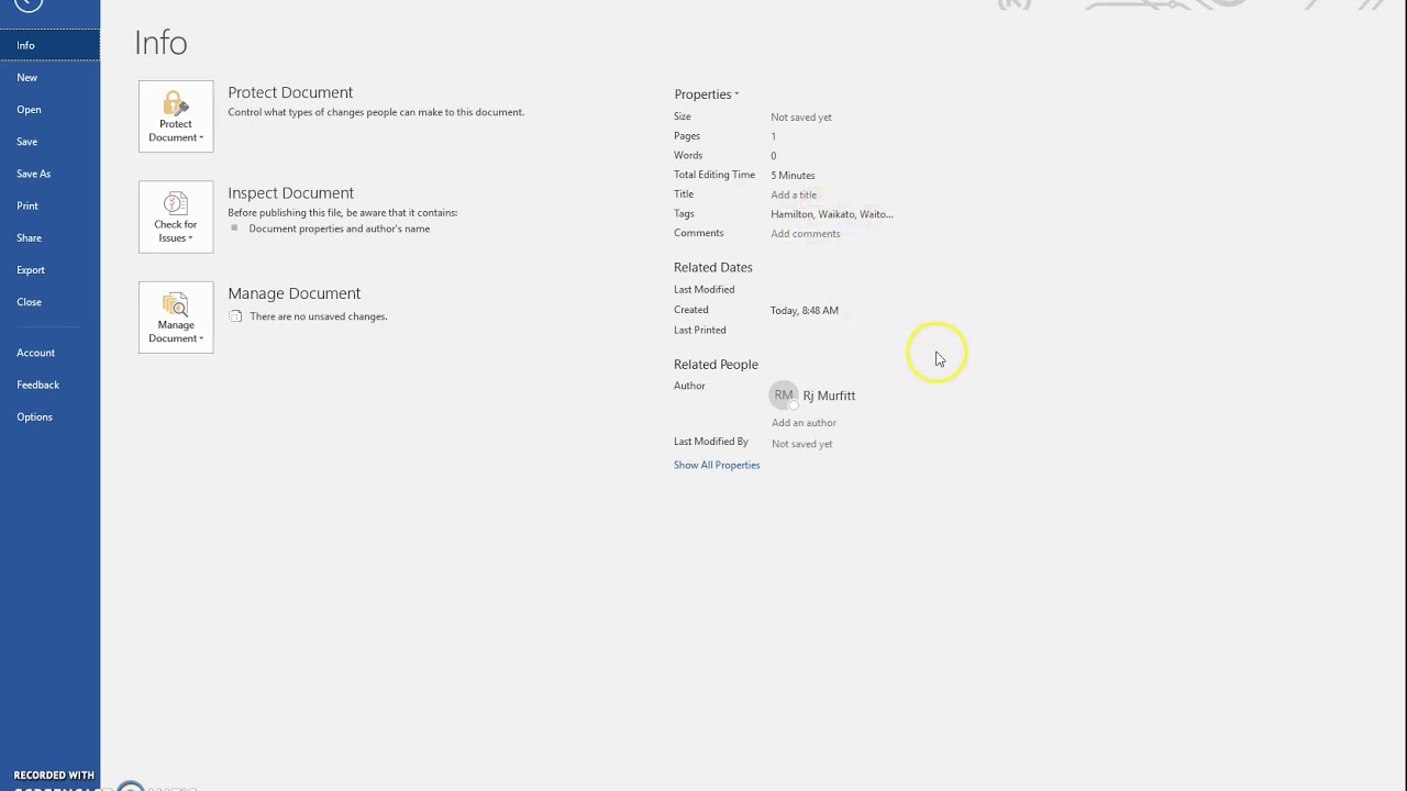 Document Properties in Word 2016 (same as Word 365)