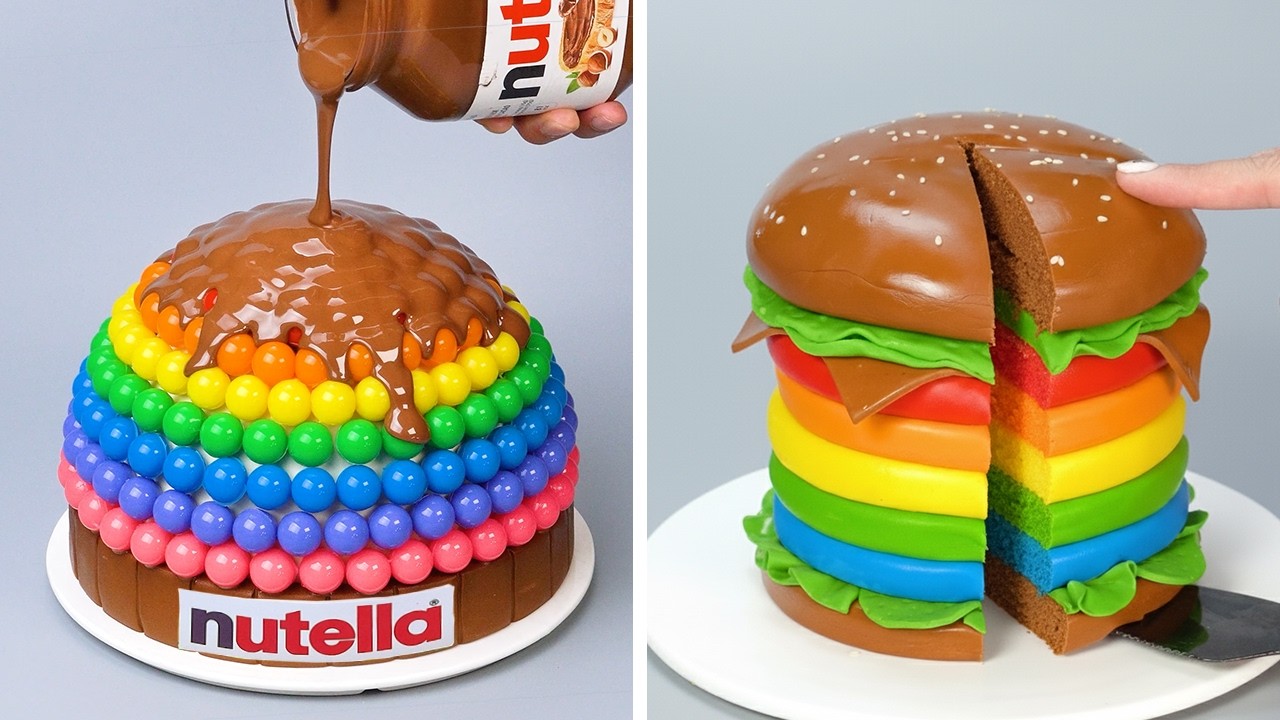 Giant Rainbow Burger Cake with Chocolate Pour 🍫🌈 Kue Permen Warna-Warni Dilapisi Cokelat | DIY Cake