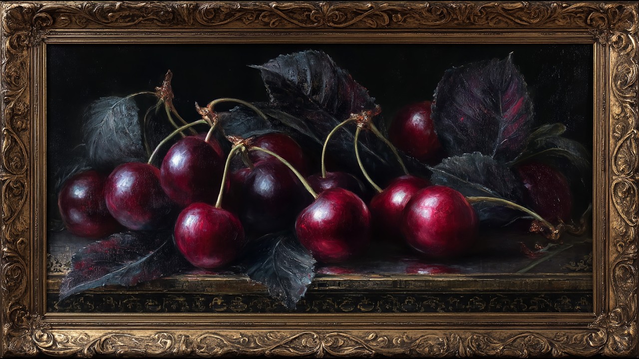 Vintage Moody Dark Cherry Oil Painting | TV Framed Art | Luxe Fruit Screensaver | 3 Hours