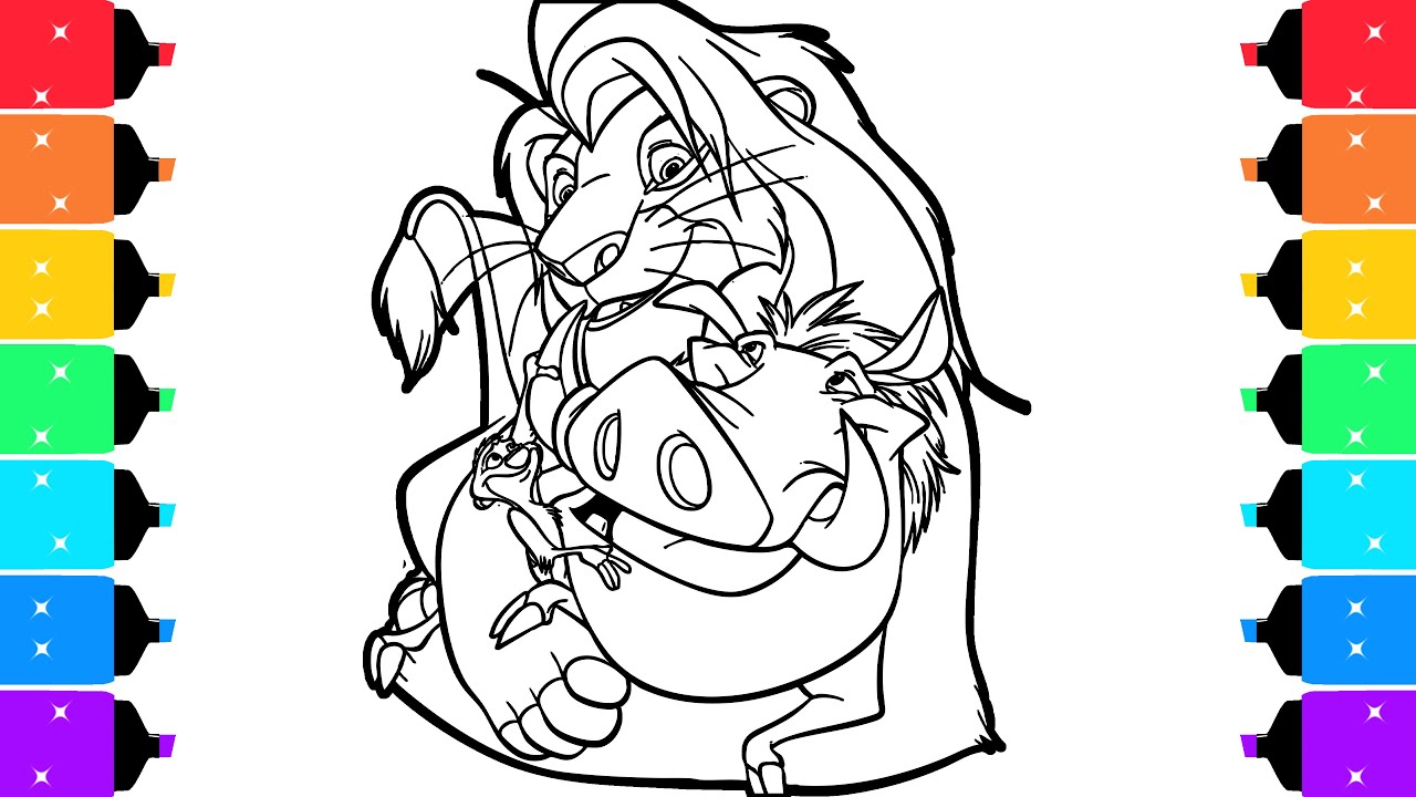 The Lion King Coloring Pages | Coloring Simba Hugs Timon and Pumba