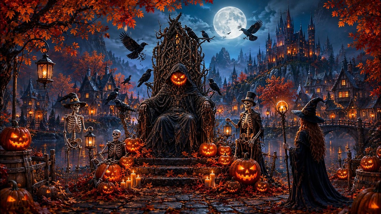 Relaxing Halloween Ambience 🎃Cozy Haunted Night in Pumpkin Village 👻 Spooky Sounds & Halloween Music