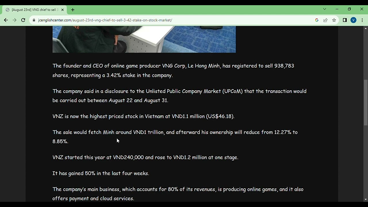 August 23rd VNG chief to sell 3 42% stake on stock market